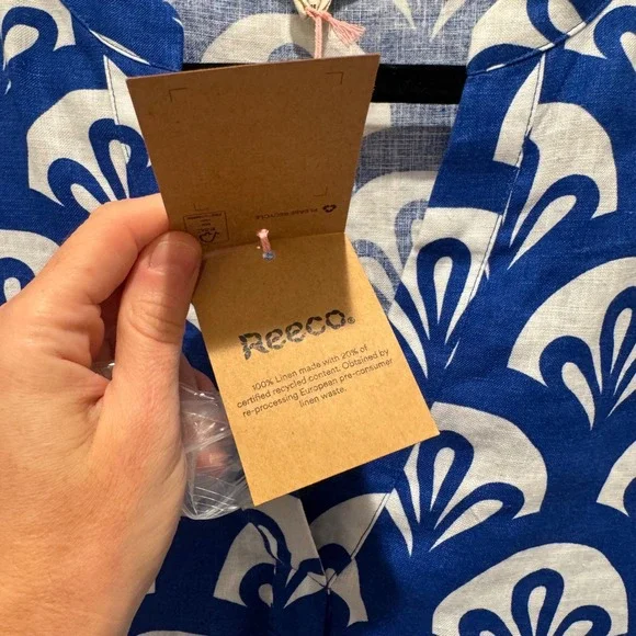 NEW Boden Blue & White Geometric Print Linen Tunic V Neck Dress‎ Sz 12R *No Belt - Picture 5 of 11